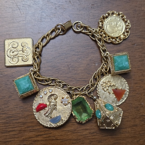 vintage charm bracelet Jewelry - Vintage Gold-Tone Charm Bracelet with Green and Multicolor Gem Accents